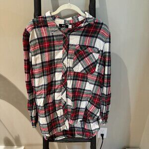BDG Red, Green, White, and Black Flannel Button Down Long Sleeve Top